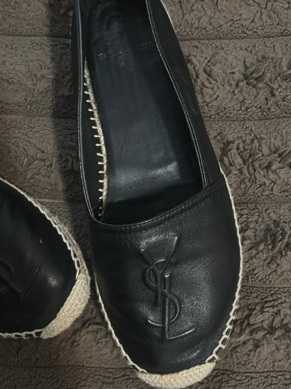 Saint Laurent Black Leather Espadrille Flats with YSL Logo